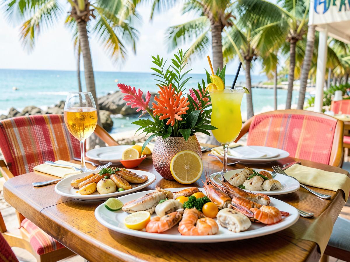 Fresh seafood and tropical drinks at a waterfront restaurant